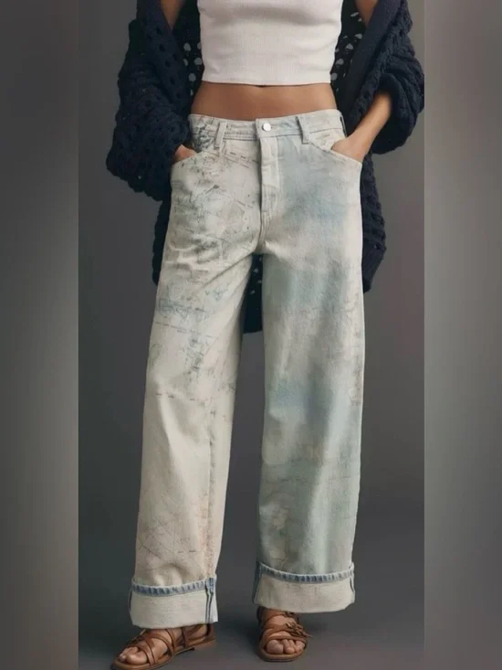 Anthropologie High-Rise Slouch Wide-Leg Map Pattern Jeans Women’s 26 Brand New - Picture 2 of 4